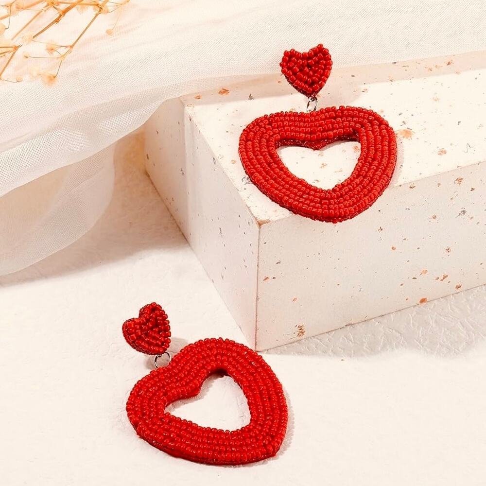 NEW ANTHROPOLOGIE Cherry Red Silver Beaded Heart Drop Stud Post Earrings Jewelry